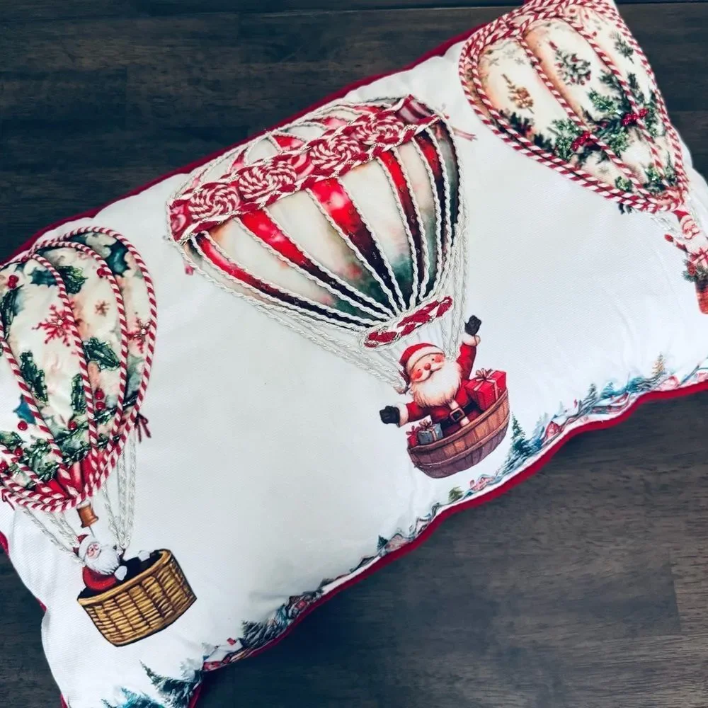 Santa Claus Christmas Holiday Hot Air Balloon Beaded Throw Pillow
